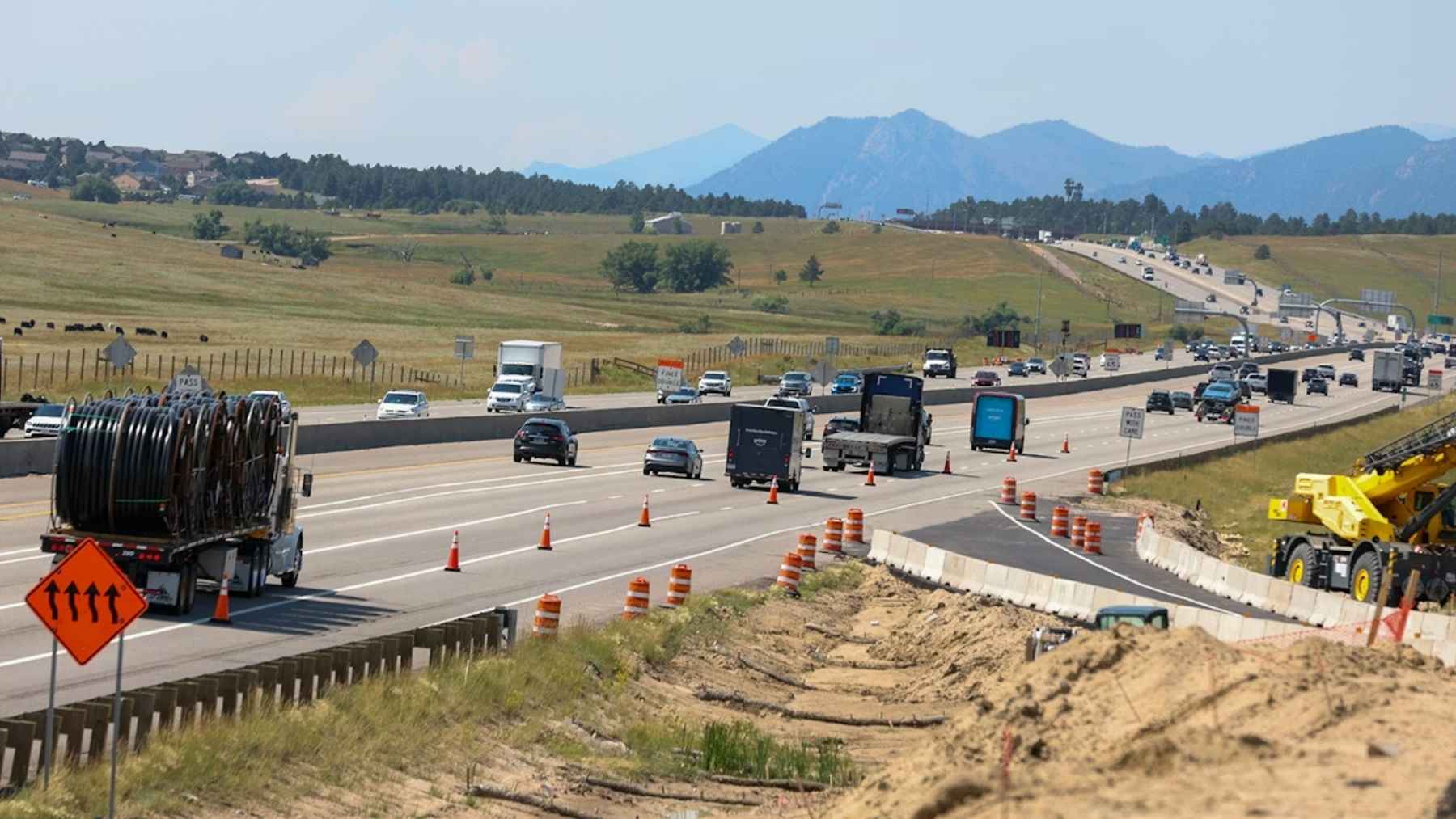 Traffic on Interstate 25 near Monument, Colorado, where the Greenland Wildlife Overpass helps elk and deer cross safely.