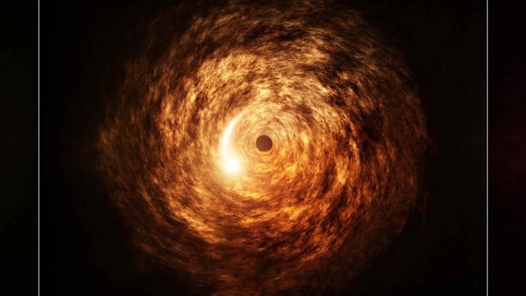 Supermassive black hole surrounded by a glowing accretion disk as space-time twists under extreme gravity