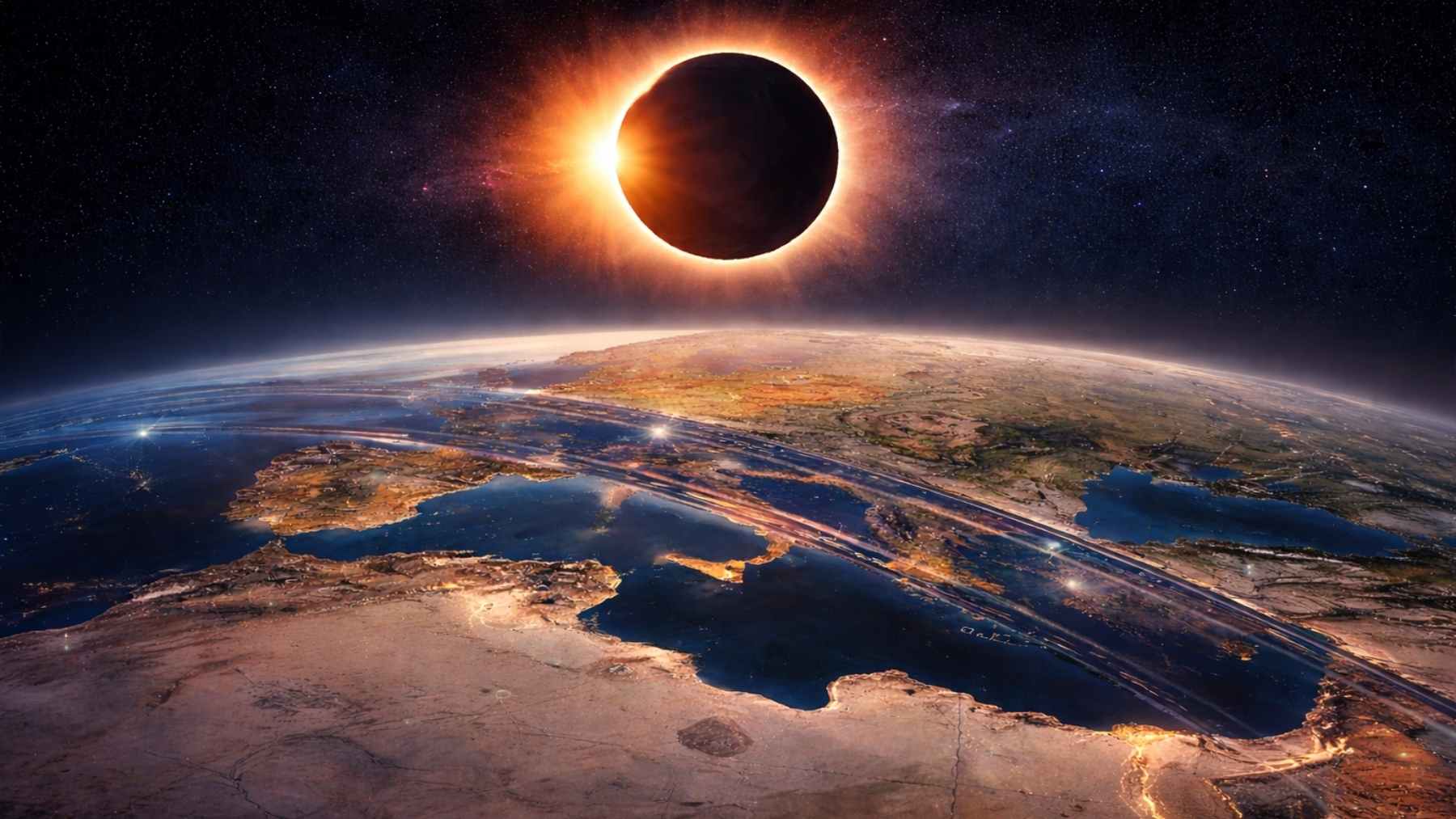 Total solar eclipse seen from space as the Moon blocks the Sun above Earth, with a bright corona glowing around the dark disk.