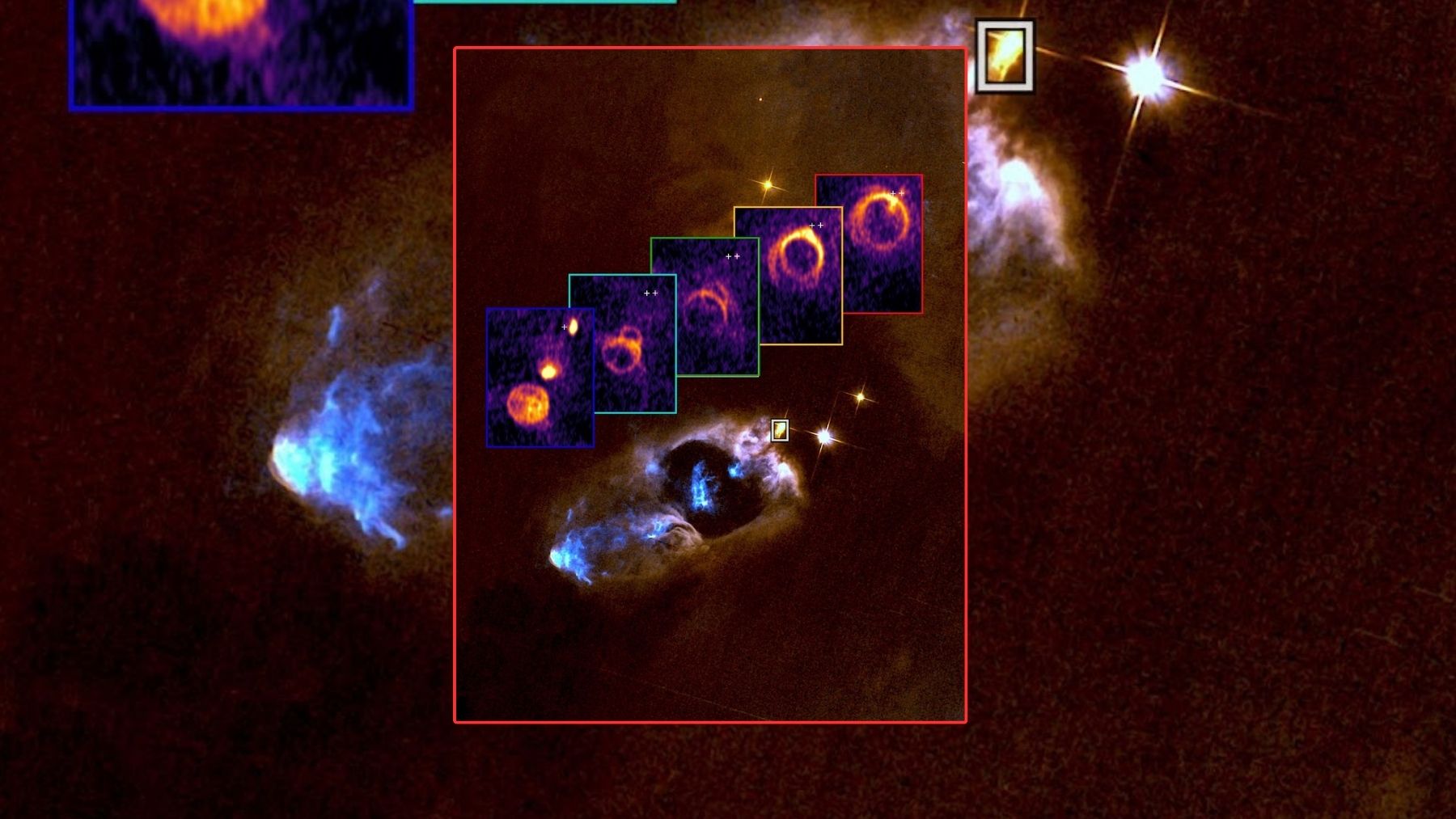ALMA and VLA composite image of protostar SVS 13’s jet in NGC 1333, highlighting multiple ring-shaped shells that trace past outbursts.