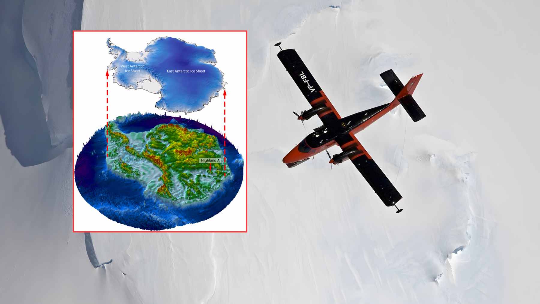 Research aircraft surveys Antarctica as an inset map shows an ancient landscape of valleys and ridges beneath the East Antarctic Ice Sheet.