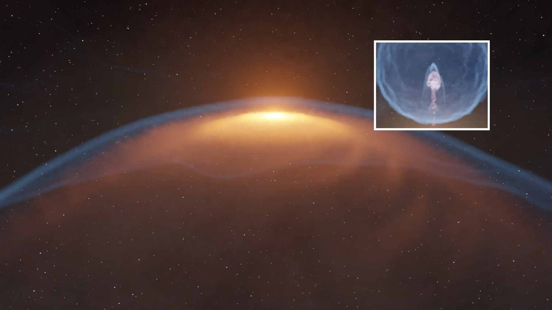 Artist’s impression of a baby star’s jet creating a bubble that distorts its own protoplanetary disk, based on ALMA data of WSB 52.