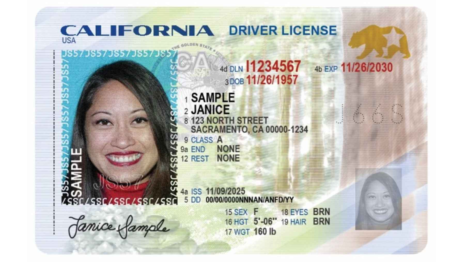 Sample California driver’s license showing the updated card design with modern security features and machine-readable barcode data.