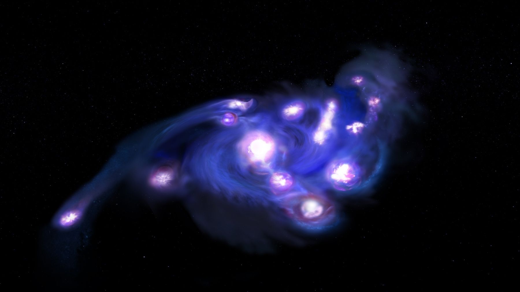 Artist illustration of the “Cosmic Grapes” galaxy, showing multiple bright star-forming clumps inside a young rotating galaxy in the early universe.