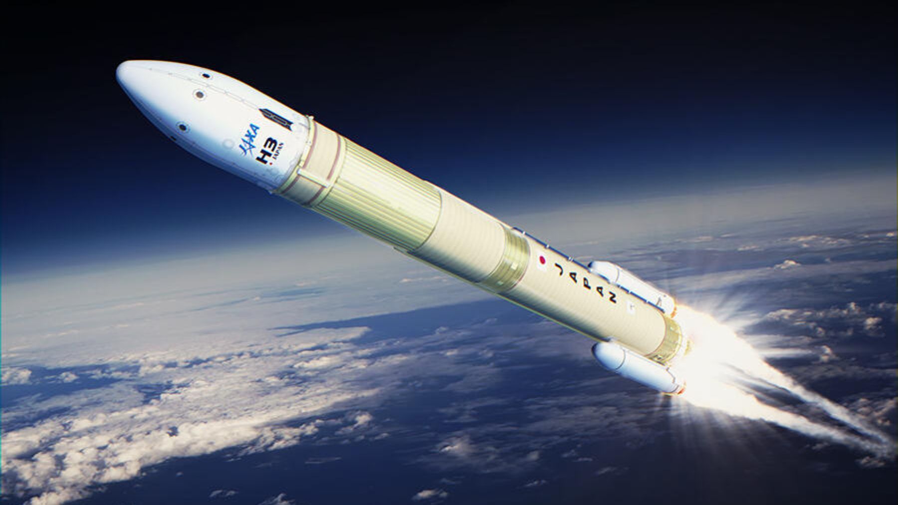 Artist rendering of Japan’s H3 rocket in flight above Earth, with the upper stage firing as it climbs toward orbit.