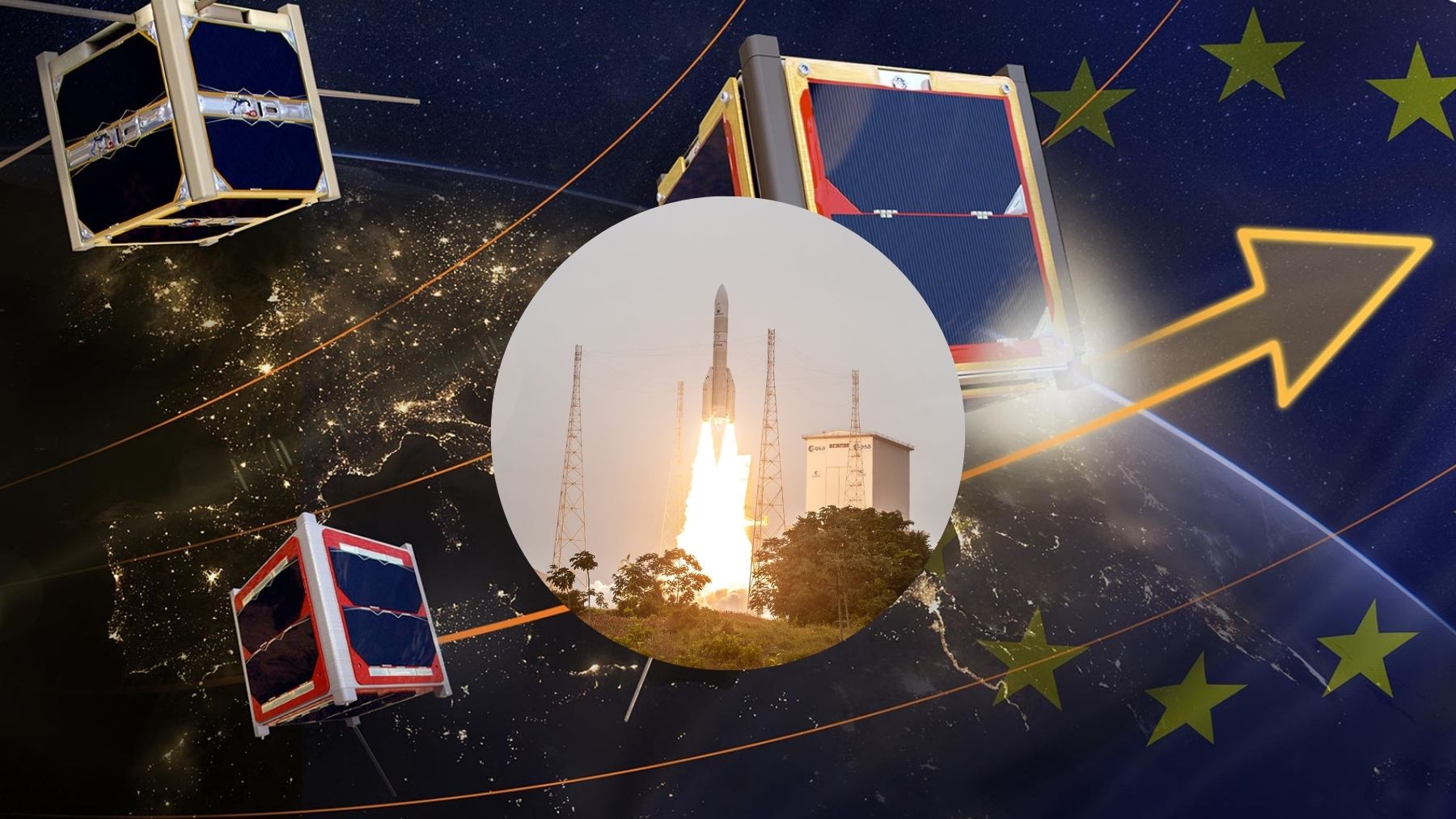 Composite graphic of ESA’s Flight Ticket Initiative showing a Vega C launch, CubeSats in orbit, Earth at night, and EU stars.