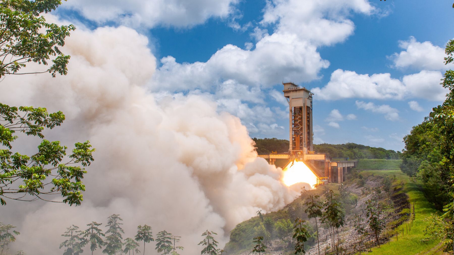 Static test firing of the P160C solid rocket motor at Europe’s Spaceport in Kourou, French Guiana, sending a huge smoke plume skyward.