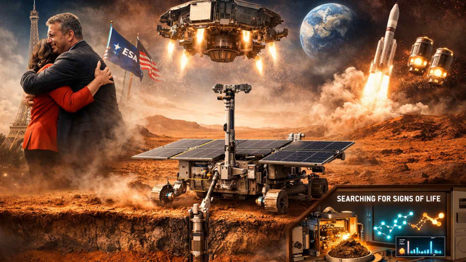 Illustration of ESA ExoMars Rosalind Franklin rover drilling into Mars while a NASA rocket launches in the background.