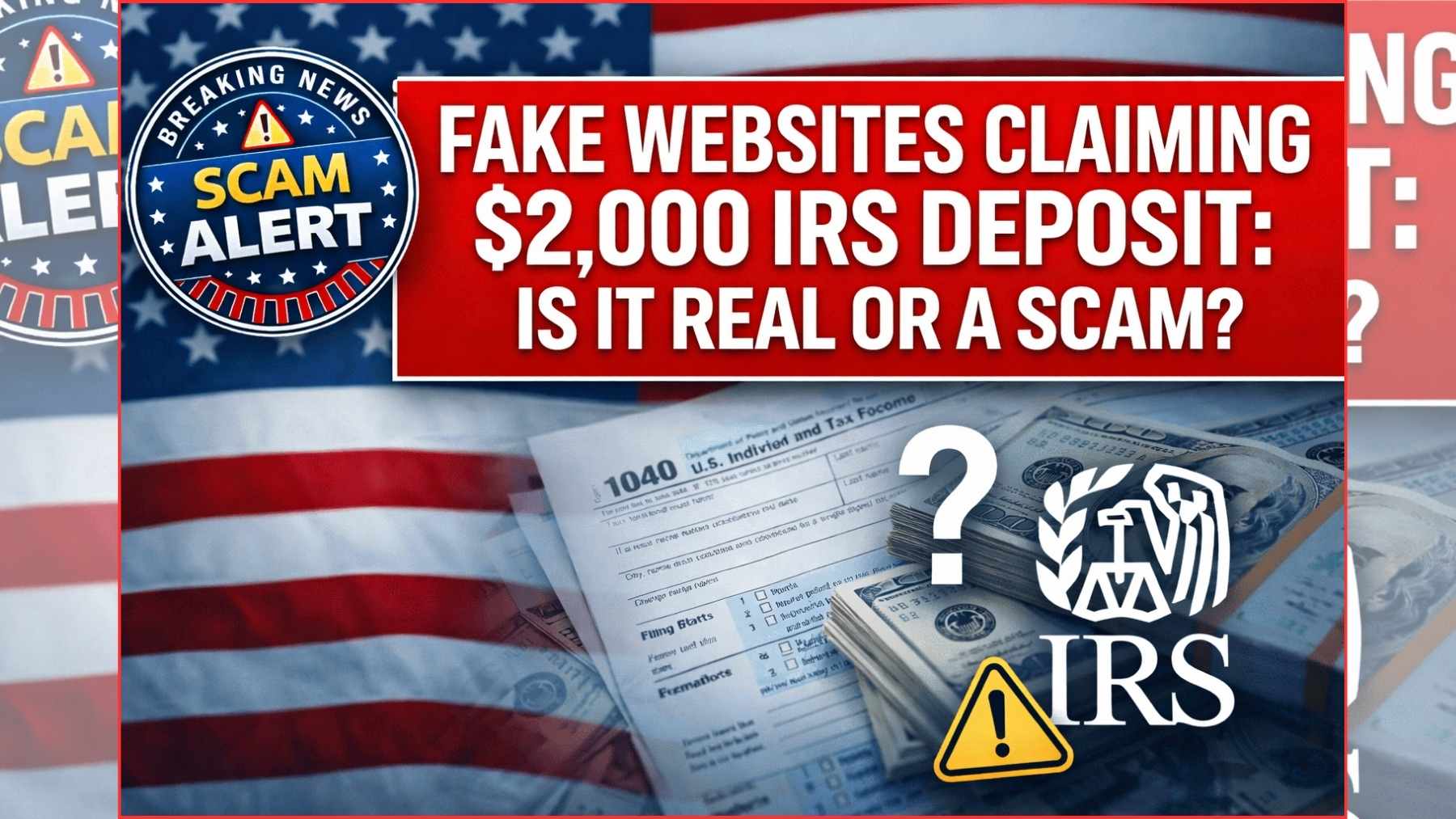Scam alert graphic about fake websites claiming a $2,000 IRS deposit, showing IRS logo, cash, and a warning sign.
