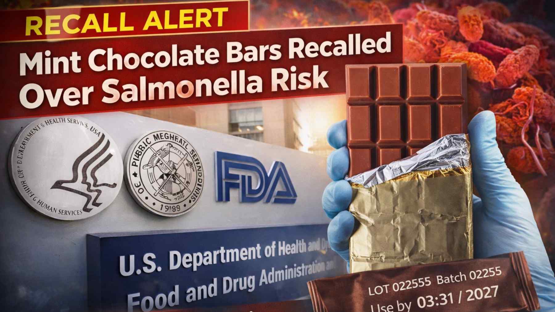 Graphic shows FDA recall alert for Spring & Mulberry Mint Leaf date-sweetened chocolate bar over possible salmonella.