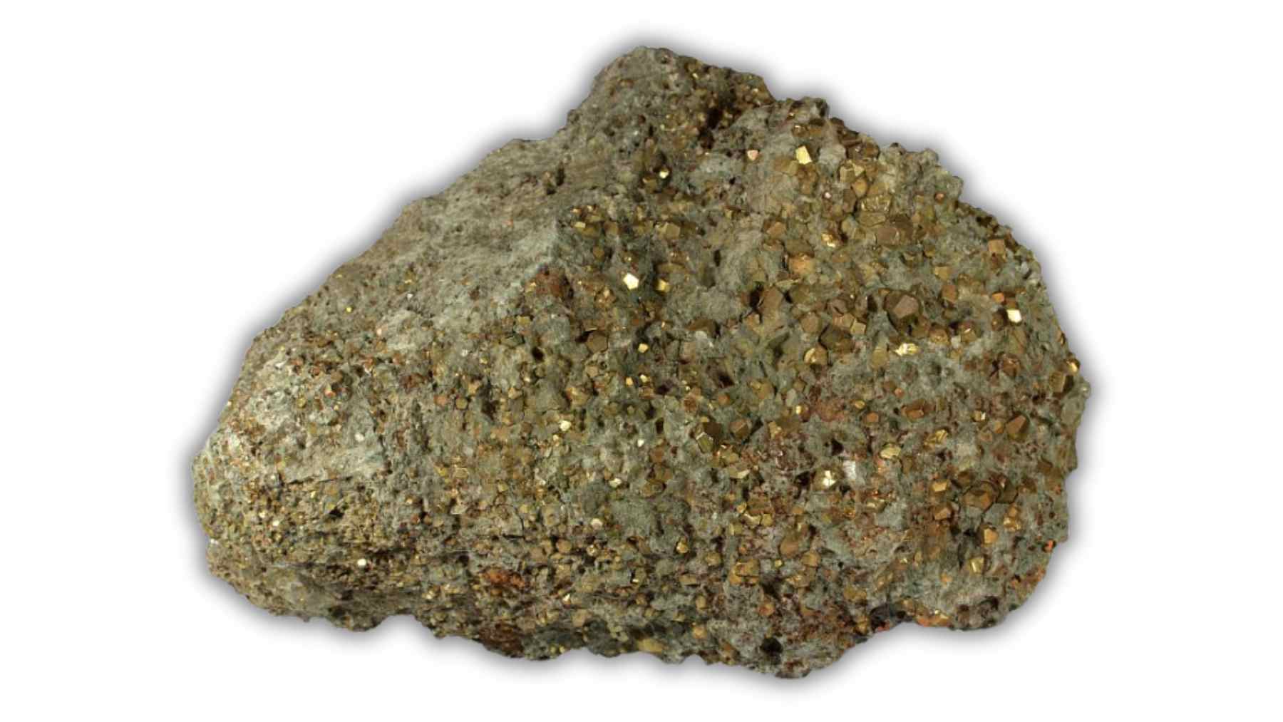 Rock sample with glittering iron pyrite (fool’s gold) grains linked to lithium in Appalachian shale research.