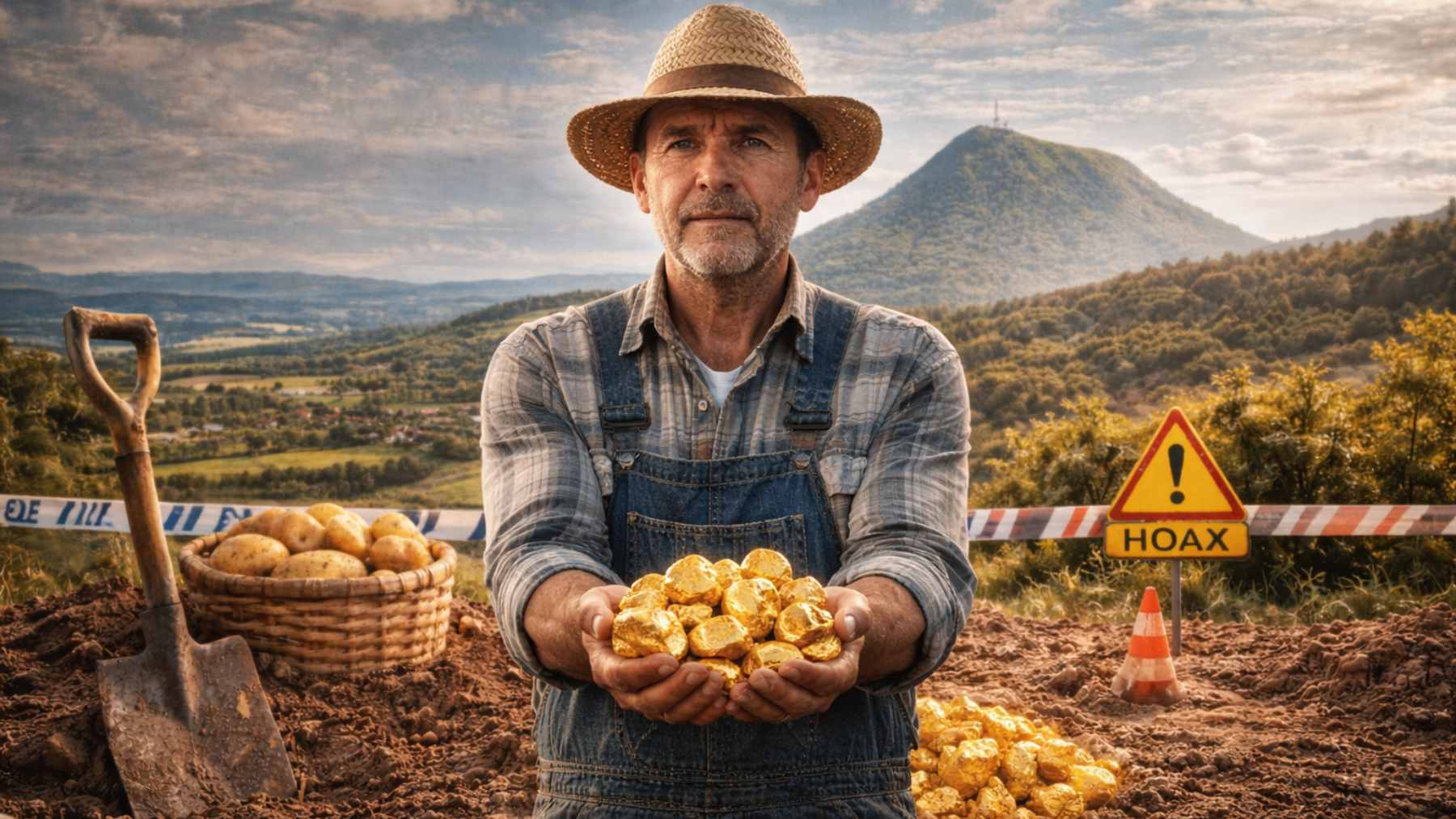 A farmer in a straw hat holds a pile of gold nuggets in a freshly dug field, with a warning sign marked “HOAX” behind him.