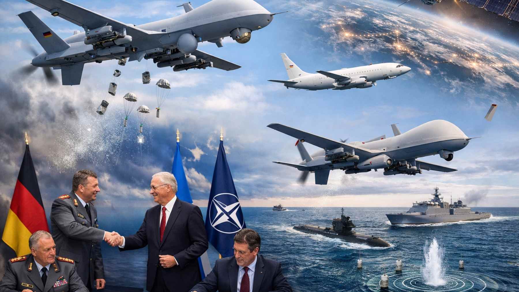 German officials meet under NATO and German flags as MQ-9B SeaGuardian drones and maritime patrol aircraft fly over warships at sea.