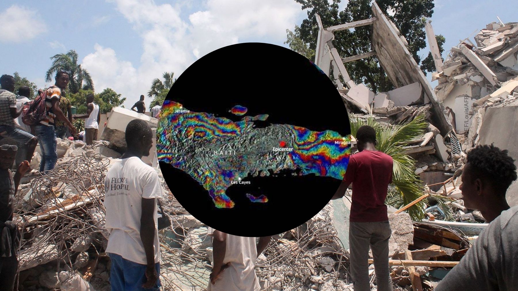 People stand amid collapsed buildings in Haiti, with an InSAR satellite deformation map overlay showing post-quake ground movement and the epicenter