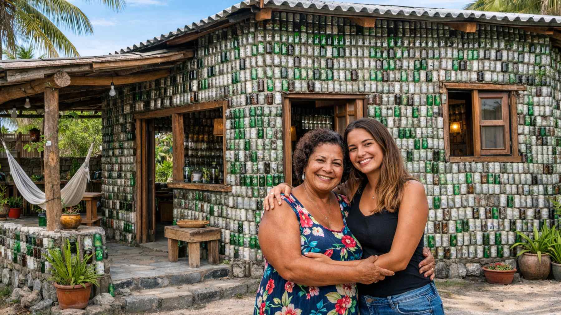 Mother and daughter pose outside a seven room house built from thousands of recycled glass bottles in Itamaracá, Brazil