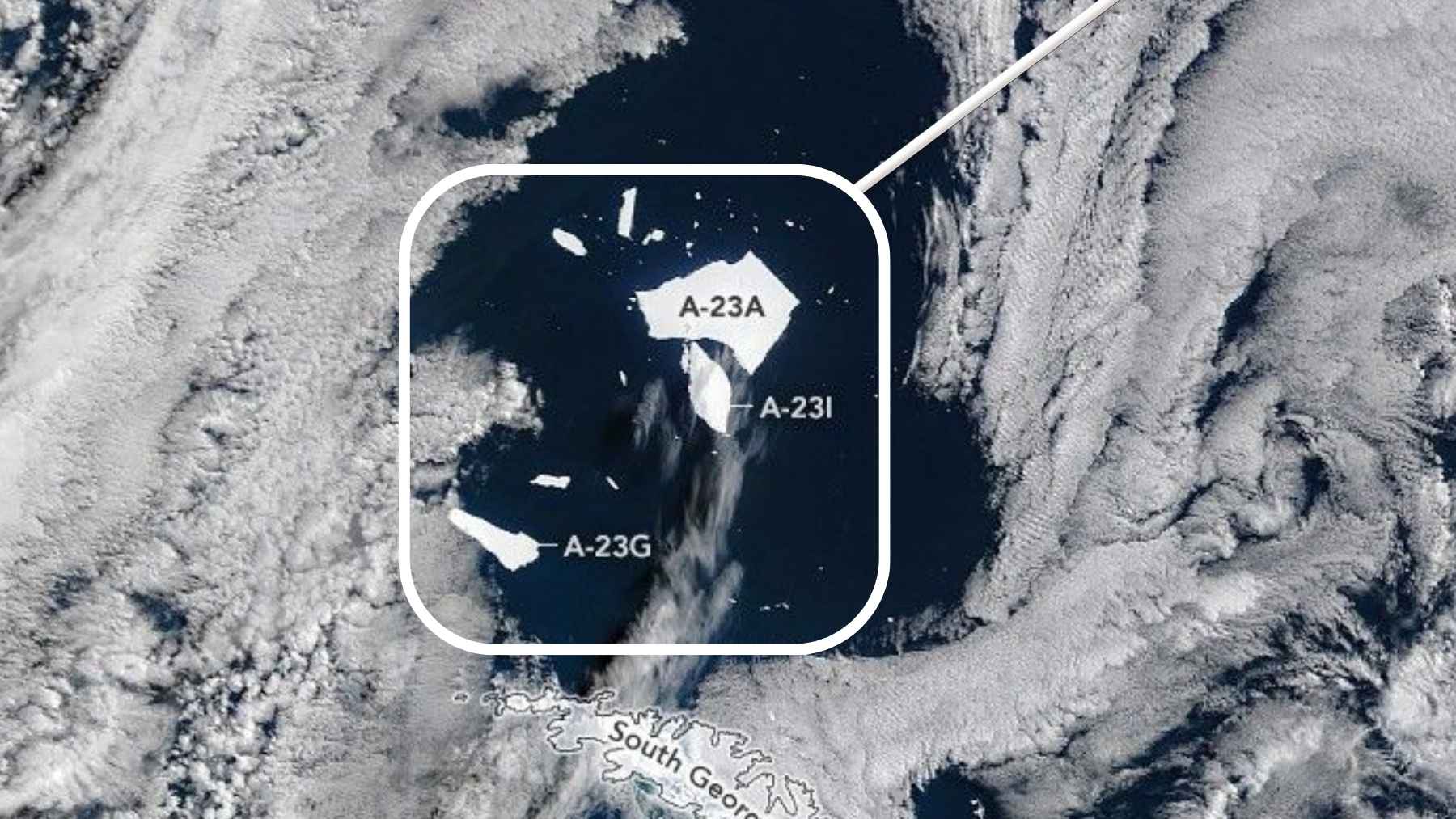 Satellite image of iceberg A-23A in the South Atlantic showing major fractures and meltwater ponds as it breaks apart.