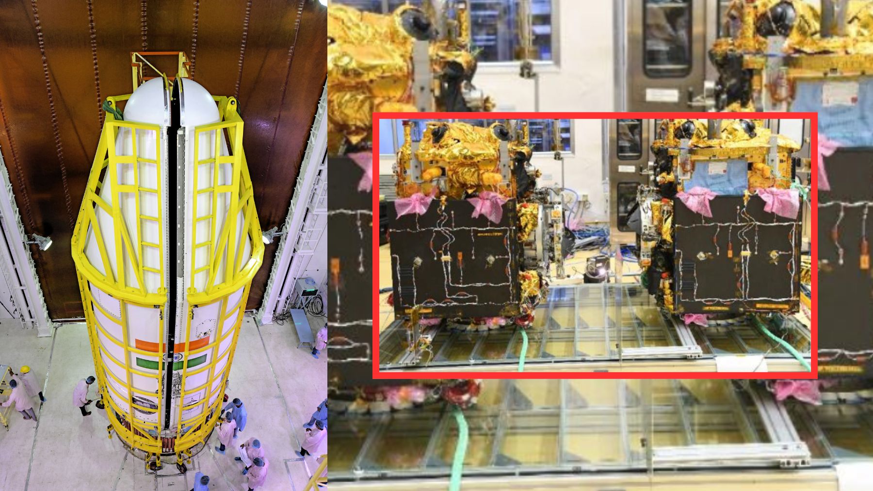 Composite image showing a rocket payload fairing in a cleanroom and ISRO’s SpaDeX Target and Chaser satellites prepared side by side.