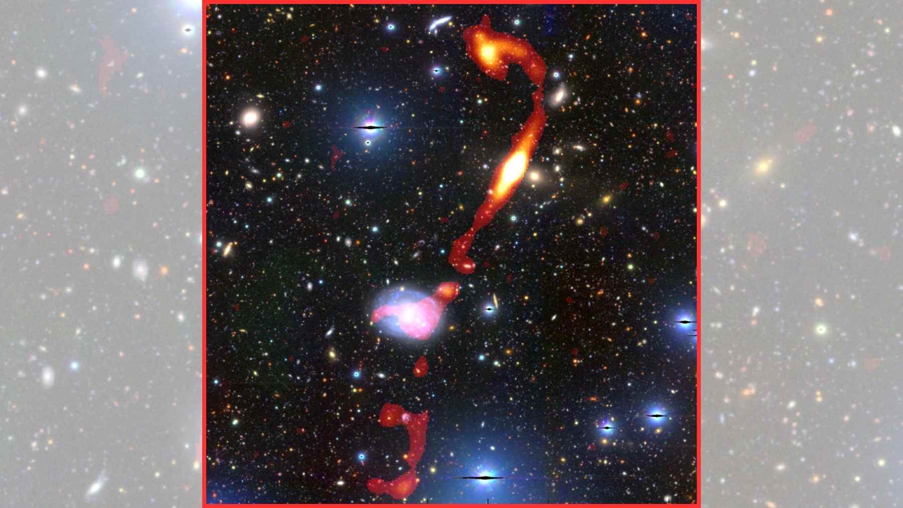 ECONews 1 MeerKAT image of Inkathazo, a giant radio galaxy with bent jets spanning ~3.3 million light-years
