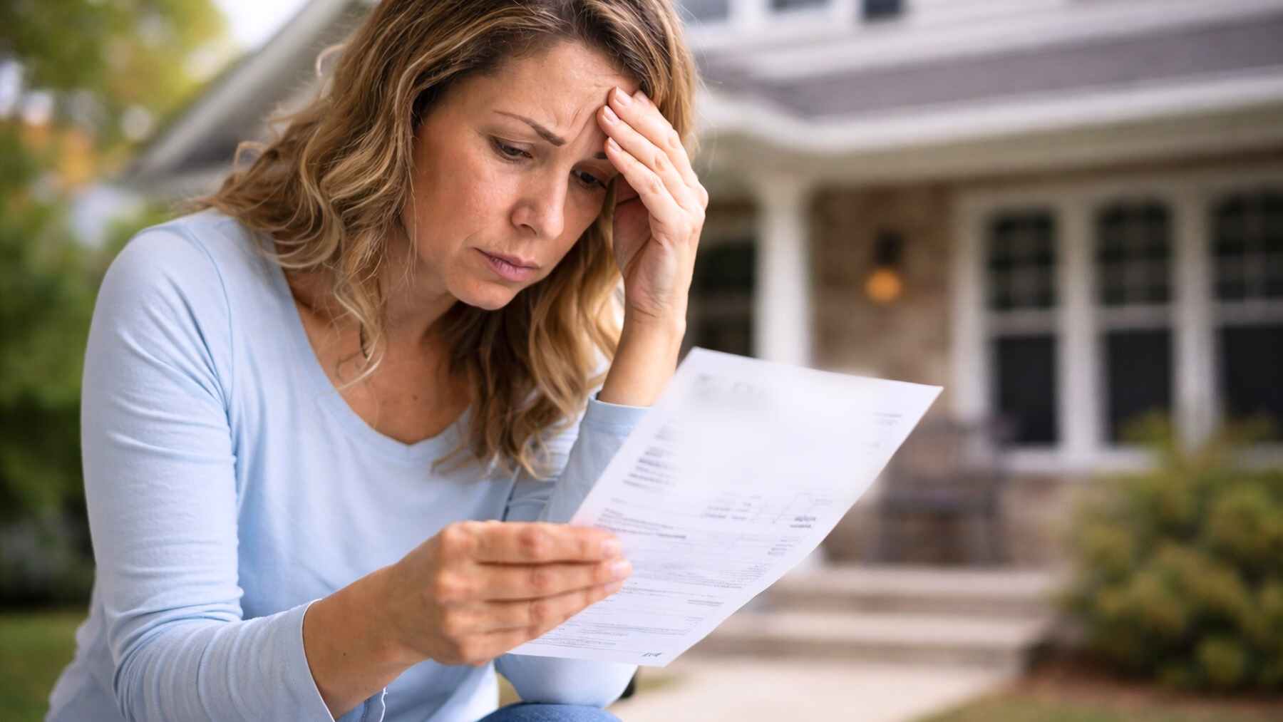 Worried woman reads a bill or notice outside a home, reflecting the stress behind viral claims of a $2,000 IRS payment in January 2026.