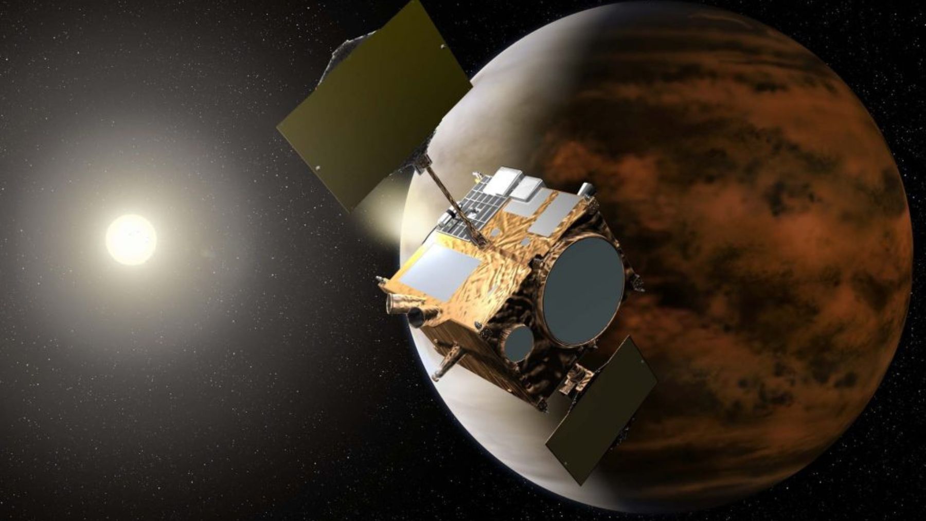 Artist’s impression of JAXA’s Akatsuki spacecraft orbiting Venus with the Sun in the background