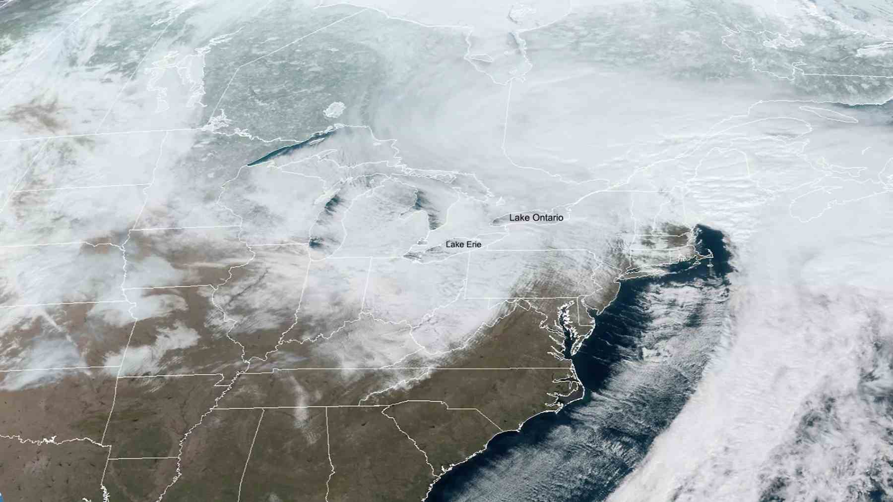 Satellite view of lake effect snow over Lake Ontario and the northeastern U.S. during a winter storm in January 2026.