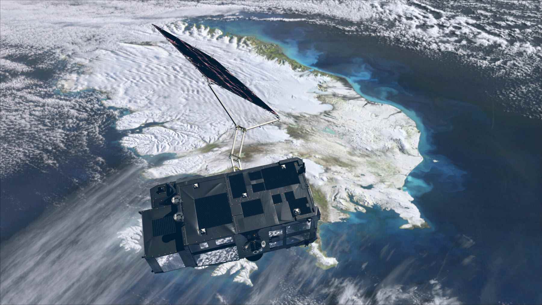 Satellite orbits above Arctic sea ice, illustrating Earth observation used to track magnetic north drift