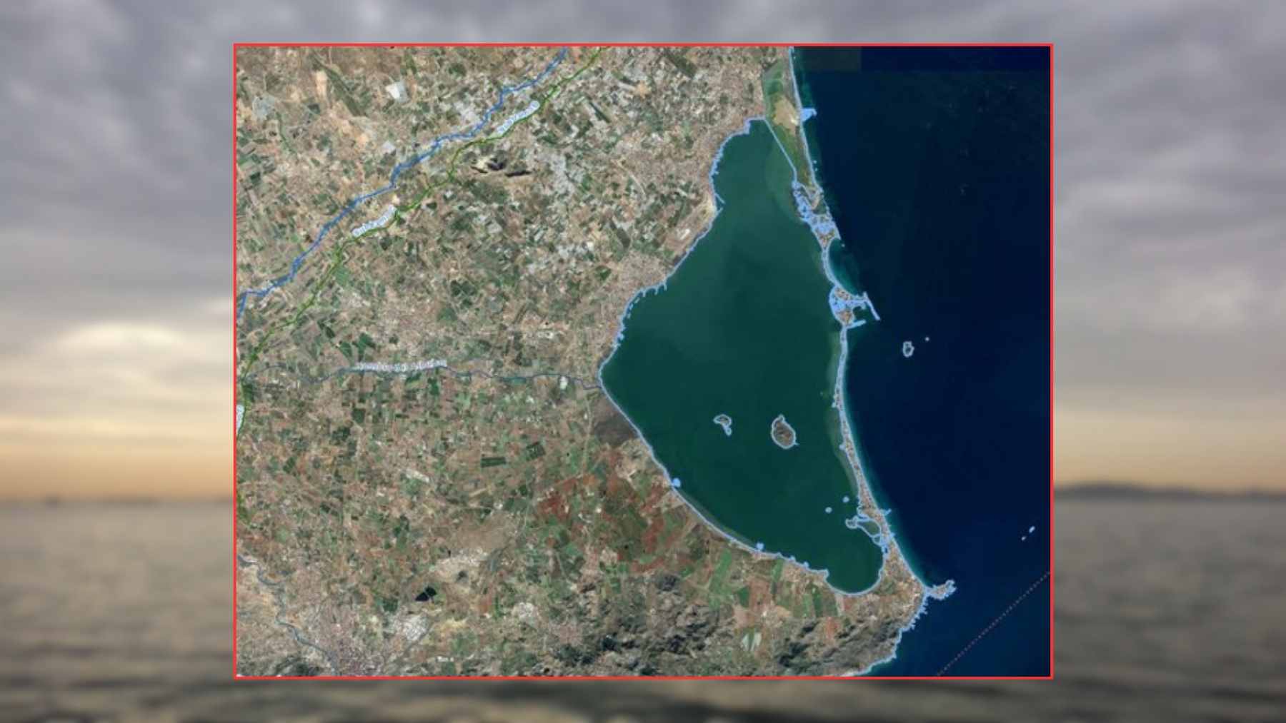 Satellite view of Spain’s Mar Menor coastal lagoon and the La Manga sandbar separating it from the Mediterranean Sea.