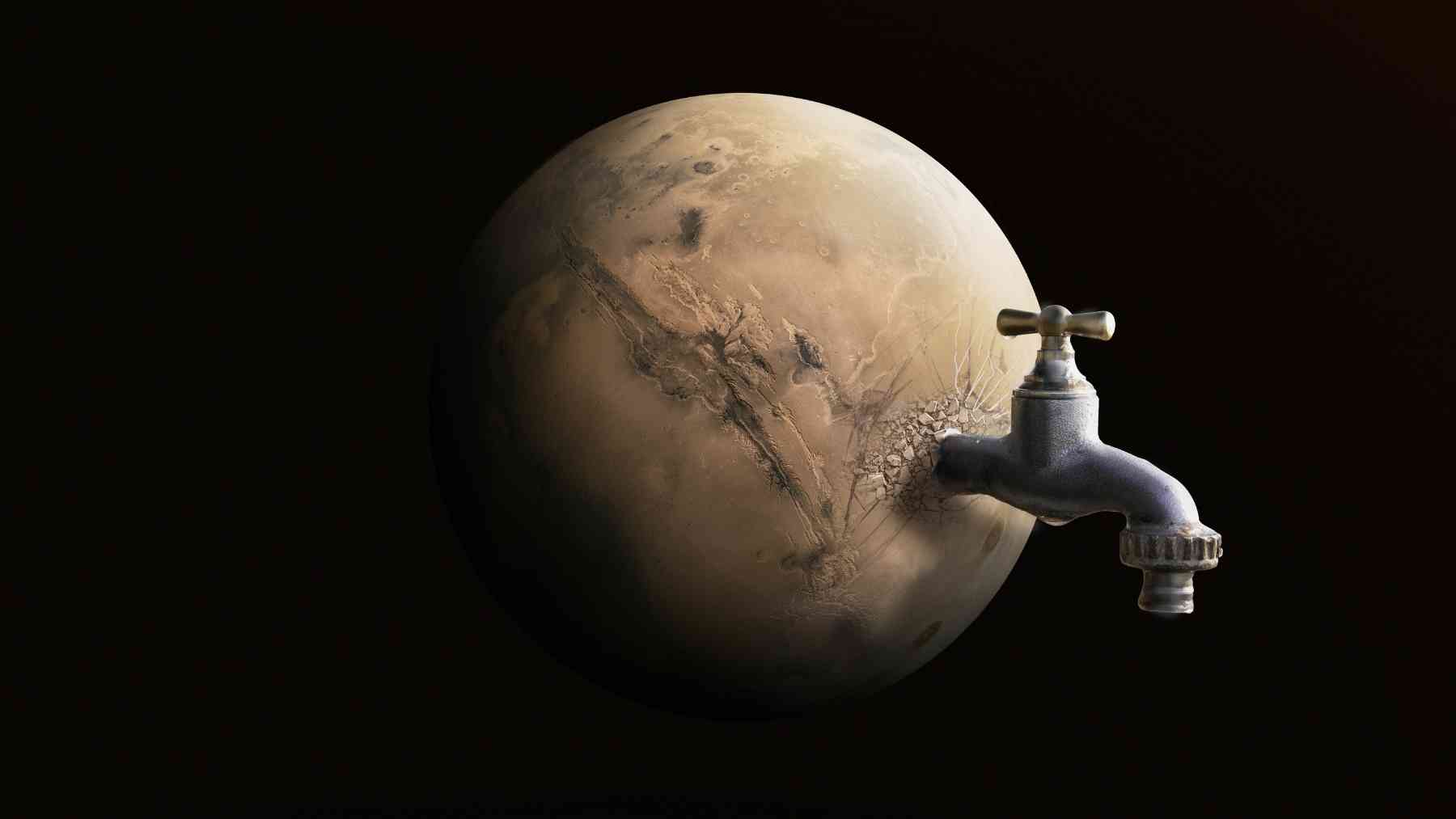 Illustration showing Mars with water imagery, symbolizing ancient wave ripples that suggest shallow, ice-free lakes once existed on the planet.