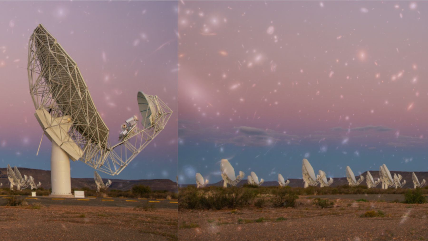 MeerKAT radio telescope dishes in South Africa under a star-filled sky, used to detect hydrogen in distant galaxies