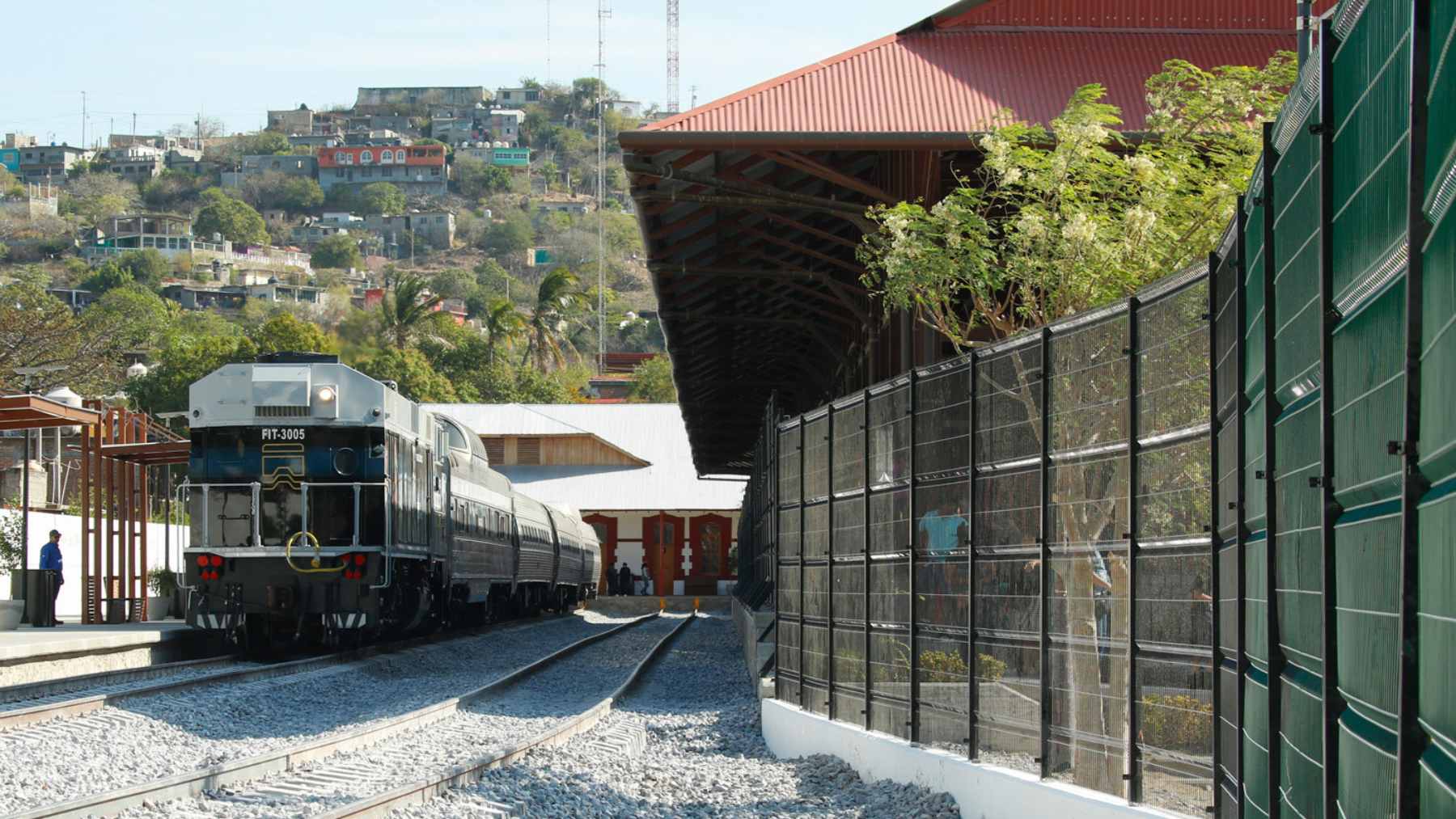 Freight train on the Interoceanic Corridor rail line in southern Mexico, part of the Isthmus of Tehuantepec route linking two coasts.