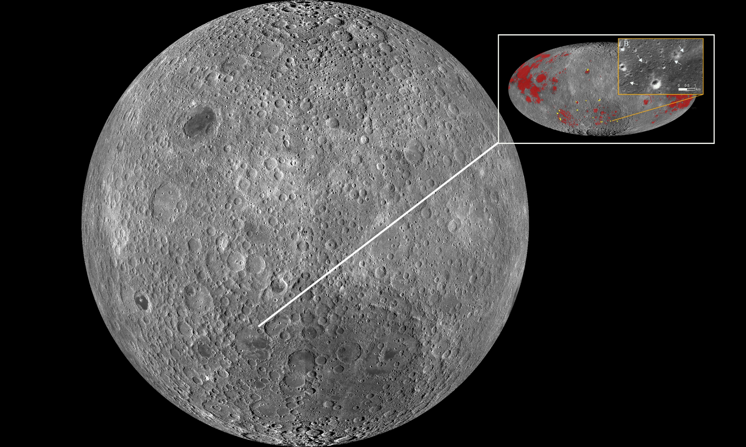 Map of the Moon’s far side showing red fault lines, revealing young geological scars that suggest active tectonics