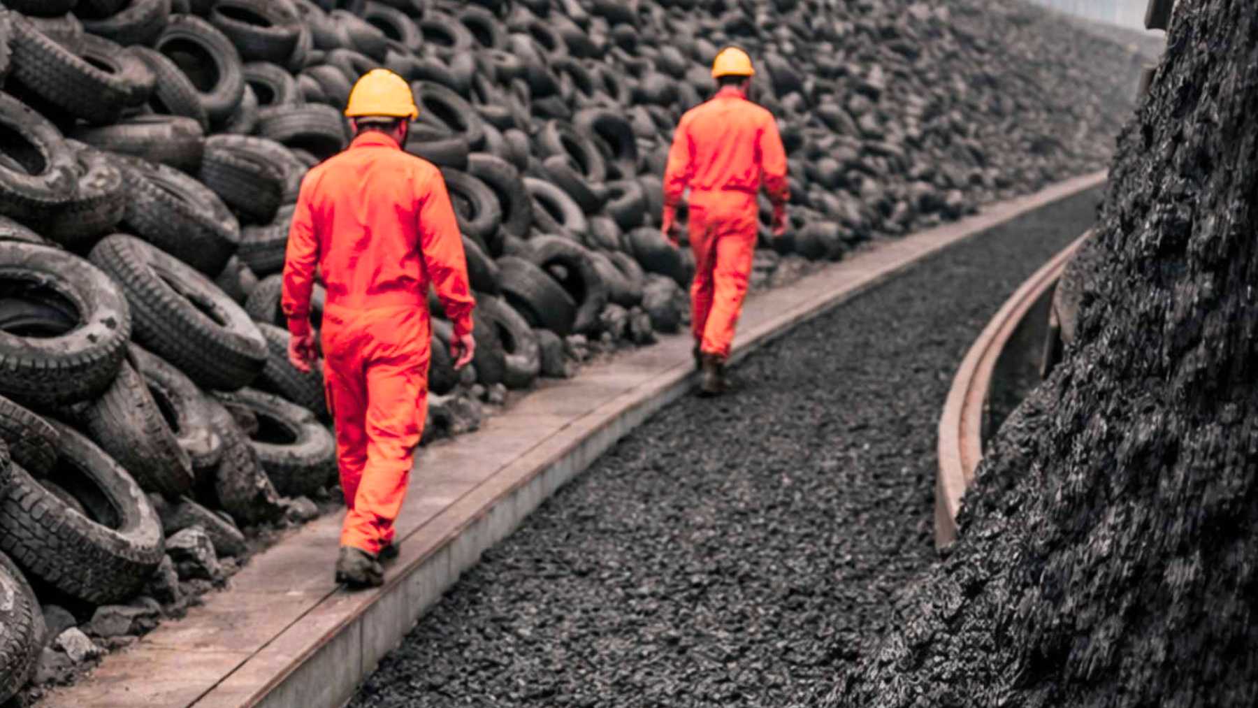 Two workers walk beside a massive pile of used tires repurposed for rubber-modified asphalt roads