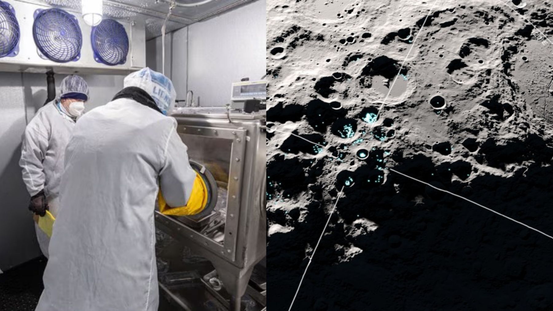 ECONews 1 Technicians in a cleanroom work with a sealed glovebox while an illustration highlights lunar south pole cold traps tied to NASA’s sample freezer plan.