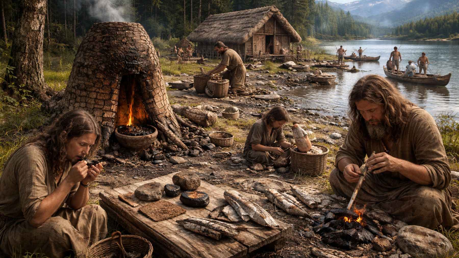 Neolithic lakeside villagers work near a fire and hut while preparing tools and materials, illustrating birch bark tar use in daily life.