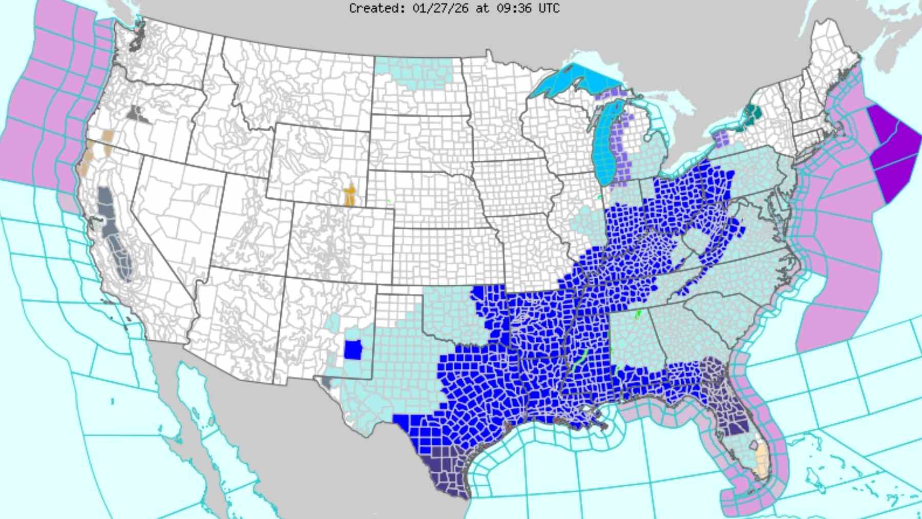 NOAA map showing winter storm warnings across the eastern United States amid extreme cold and snowfall risk