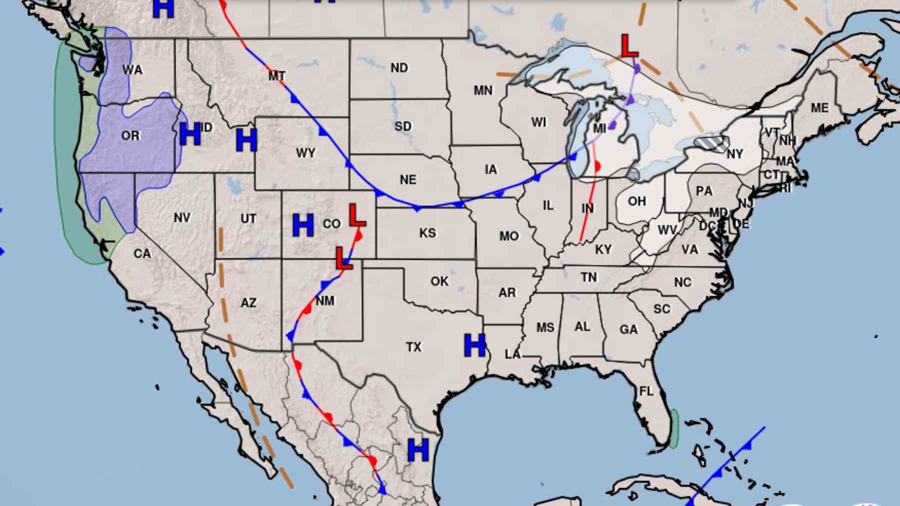 U.S. forecast map showing cold fronts and low pressure systems setting up potential Northeast snowfall while Arctic air holds.