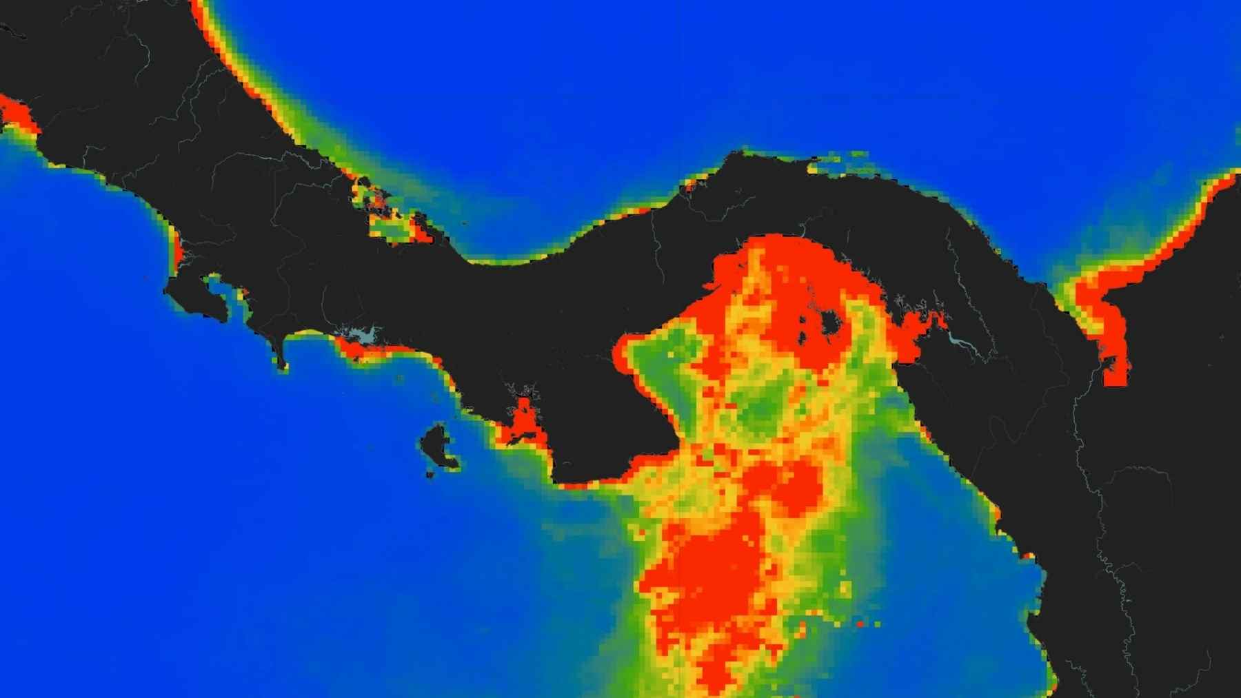 Satellite chlorophyll-a map of the Gulf of Panama showing plankton-rich waters linked to seasonal upwelling.