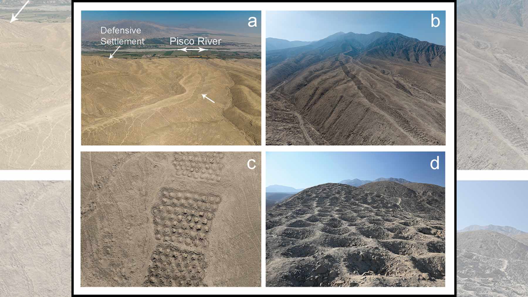 Aerial view of Monte Sierpe “Band of Holes” 5,200 pits in ordered rows on a ridge above Peru’s Pisco Valley.