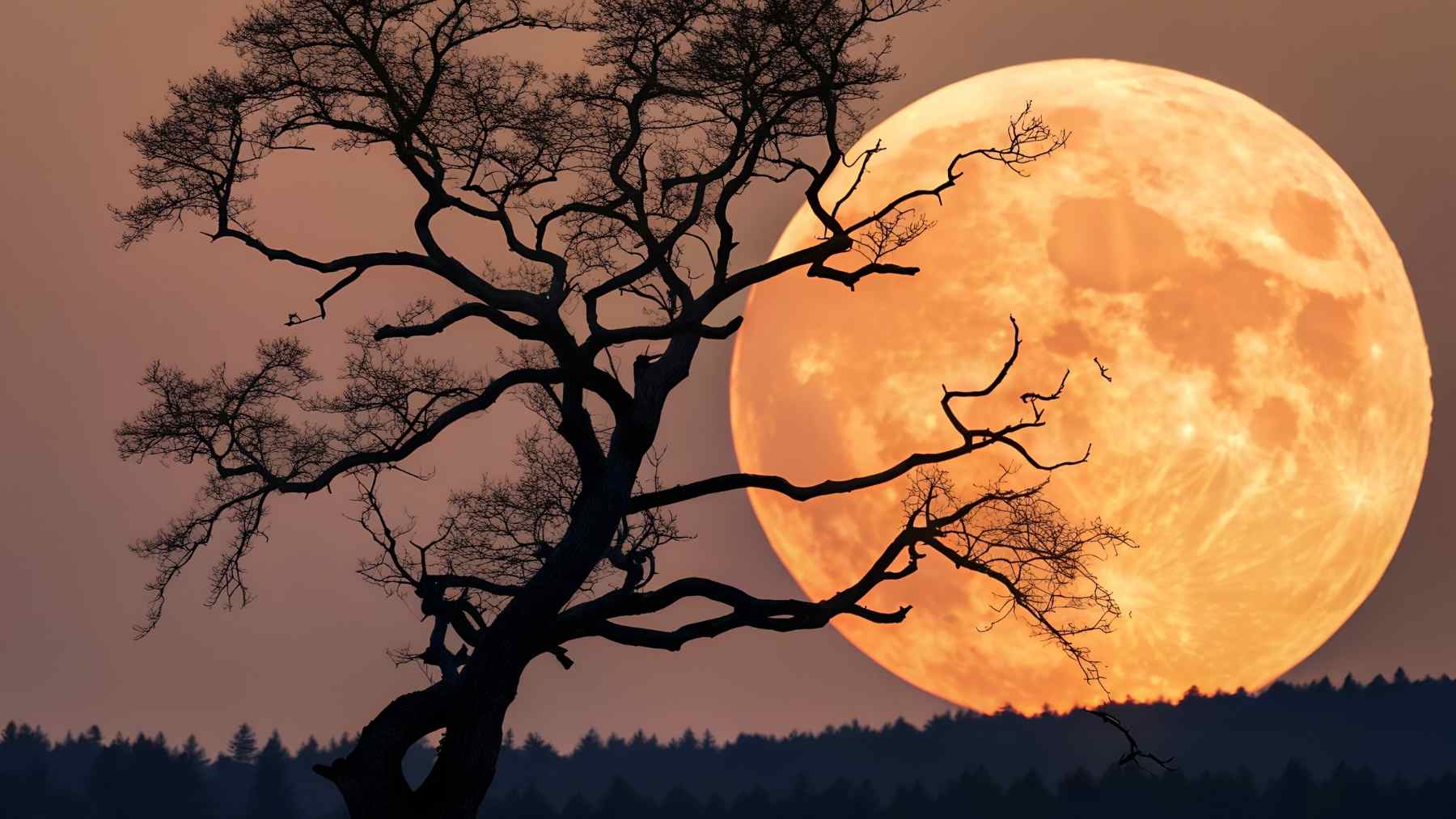 Wolf supermoon behind a bare tree as meteor streaks cross the night sky during the Quadrantid shower