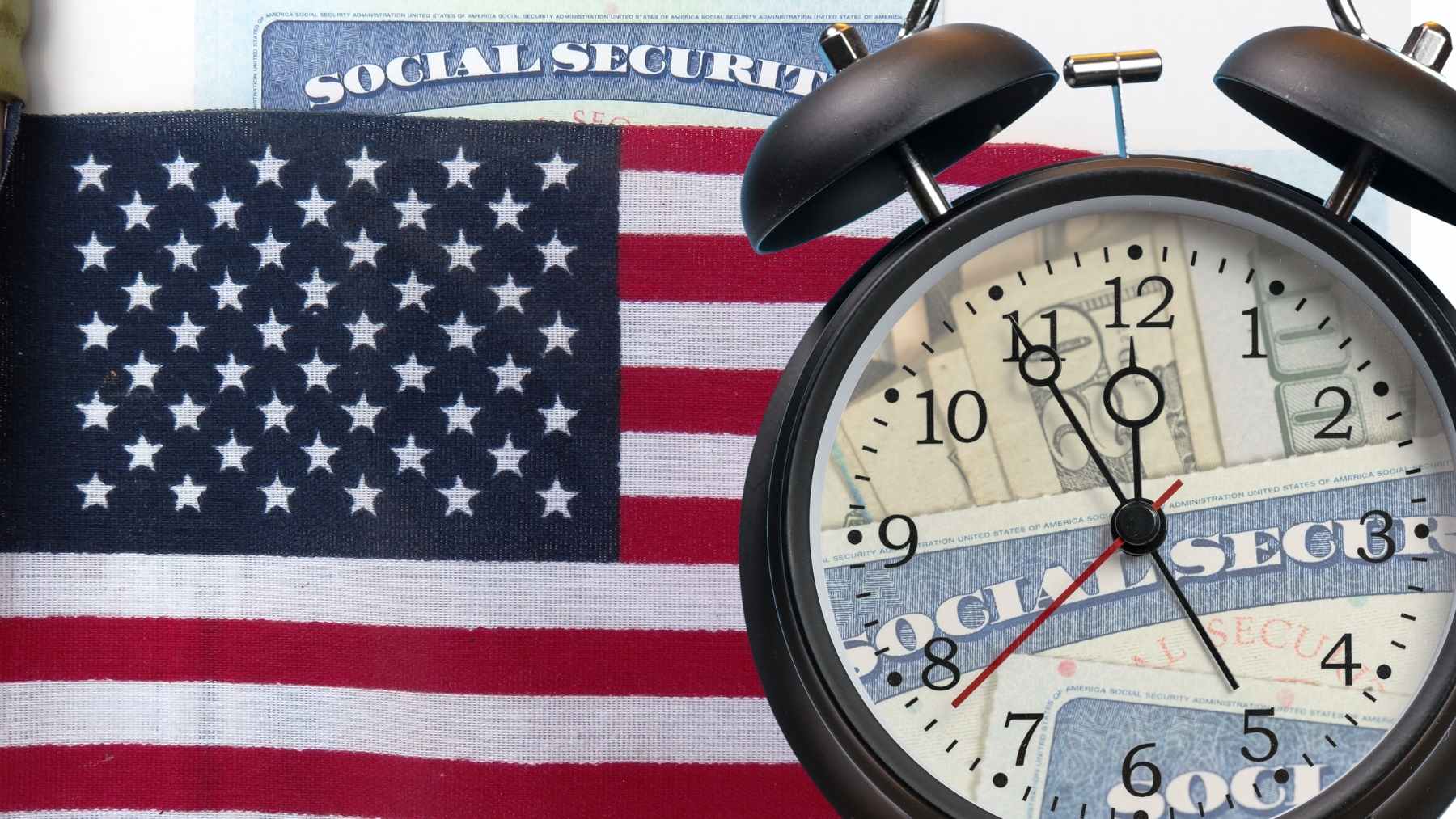 Alarm clock over Social Security cards and U.S. flag symbolizing time-sensitive digital changes in Social Security payments.