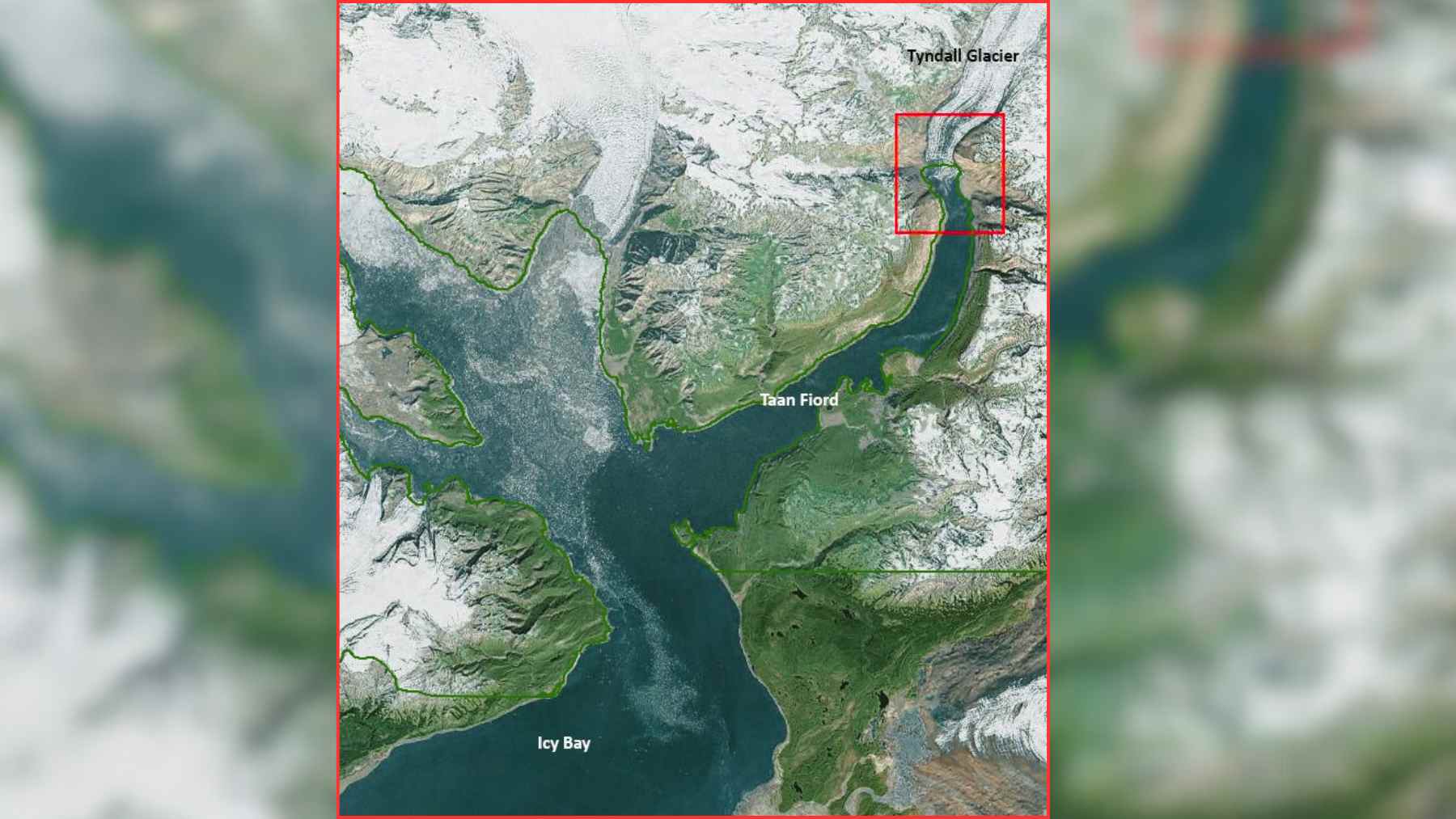 Map of Alaska’s Taan Fjord and Icy Bay showing Tyndall Glacier and a highlighted area where a landslide could trigger a tsunami.
