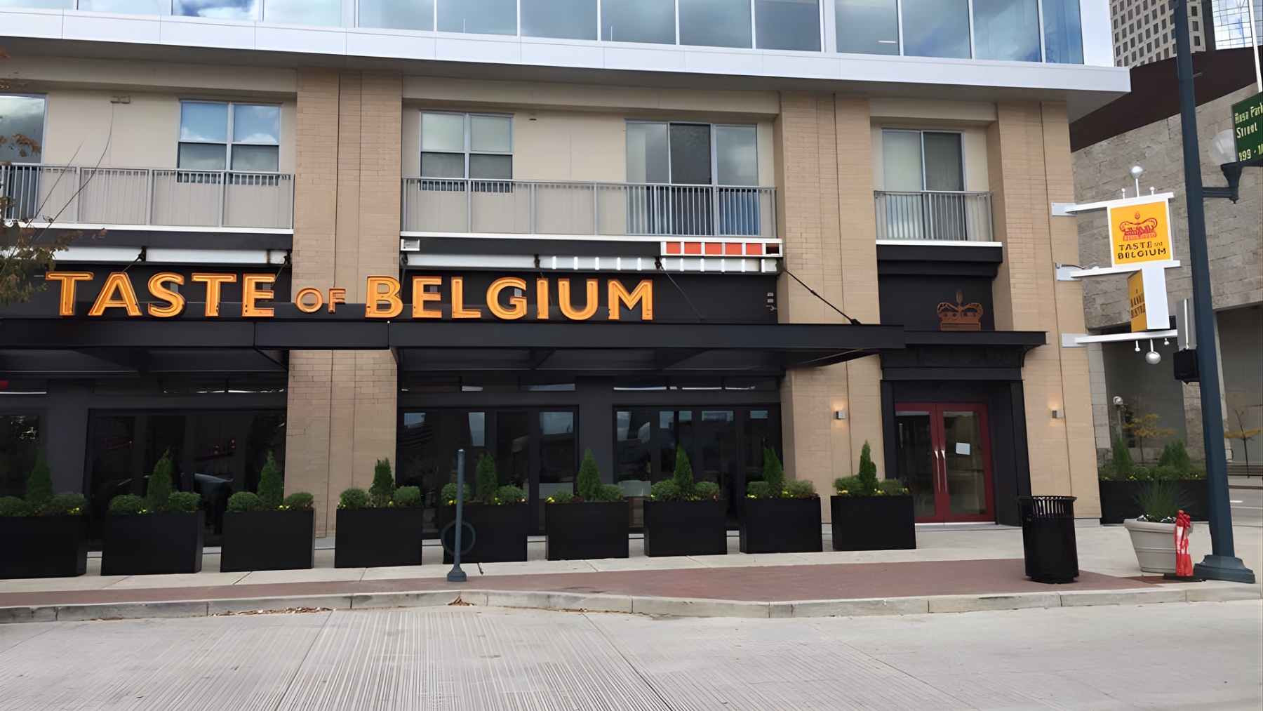 Exterior of a Taste of Belgium restaurant in Cincinnati as the brunch chain files for Chapter 11 bankruptcy.