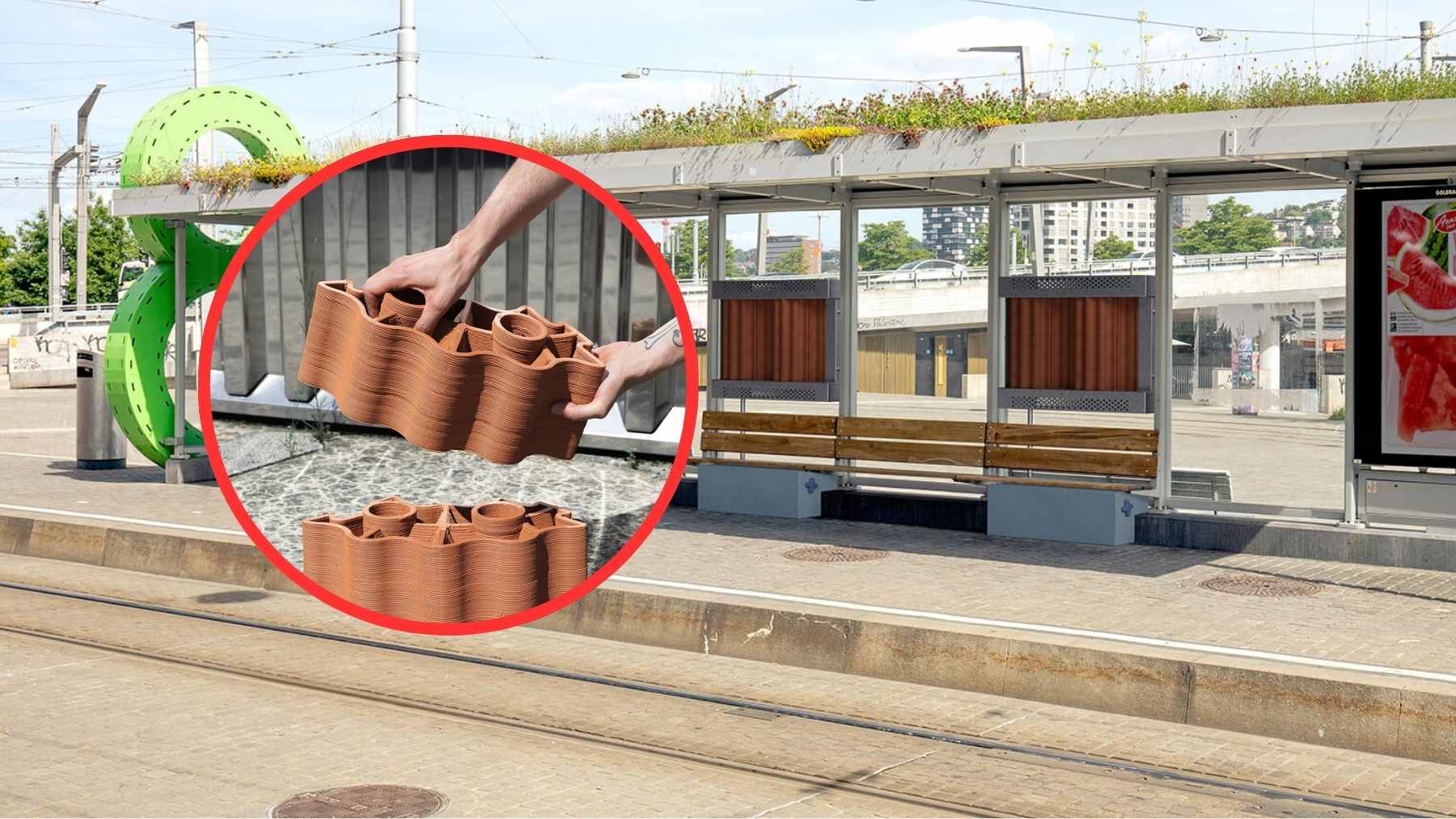 A transit stop with a green sculptural structure and a modular terracotta cooling brick shown in an inset, designed to cool air during heatwaves.