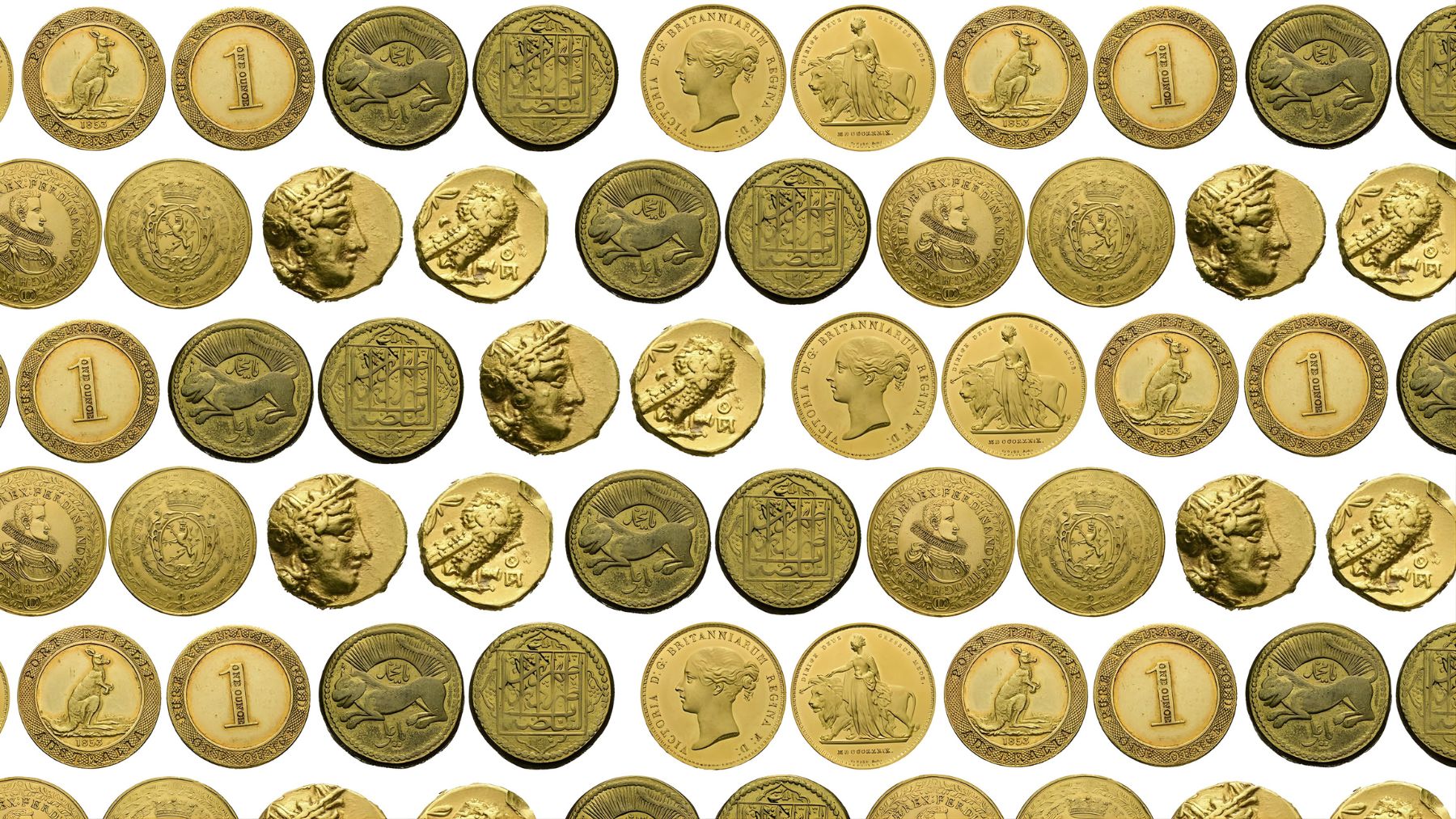 Gold coins arranged in rows on a white background.