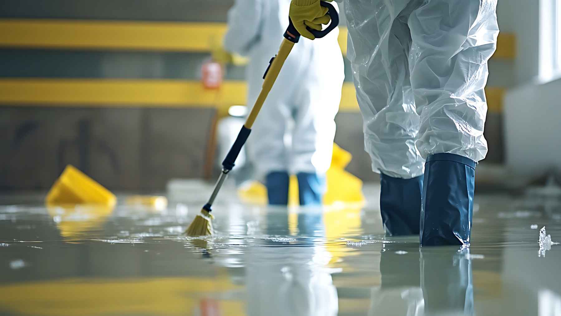 Workers in protective suits stand in a flooded facility, using tools to clean up standing water after a coastal flood or storm surge.