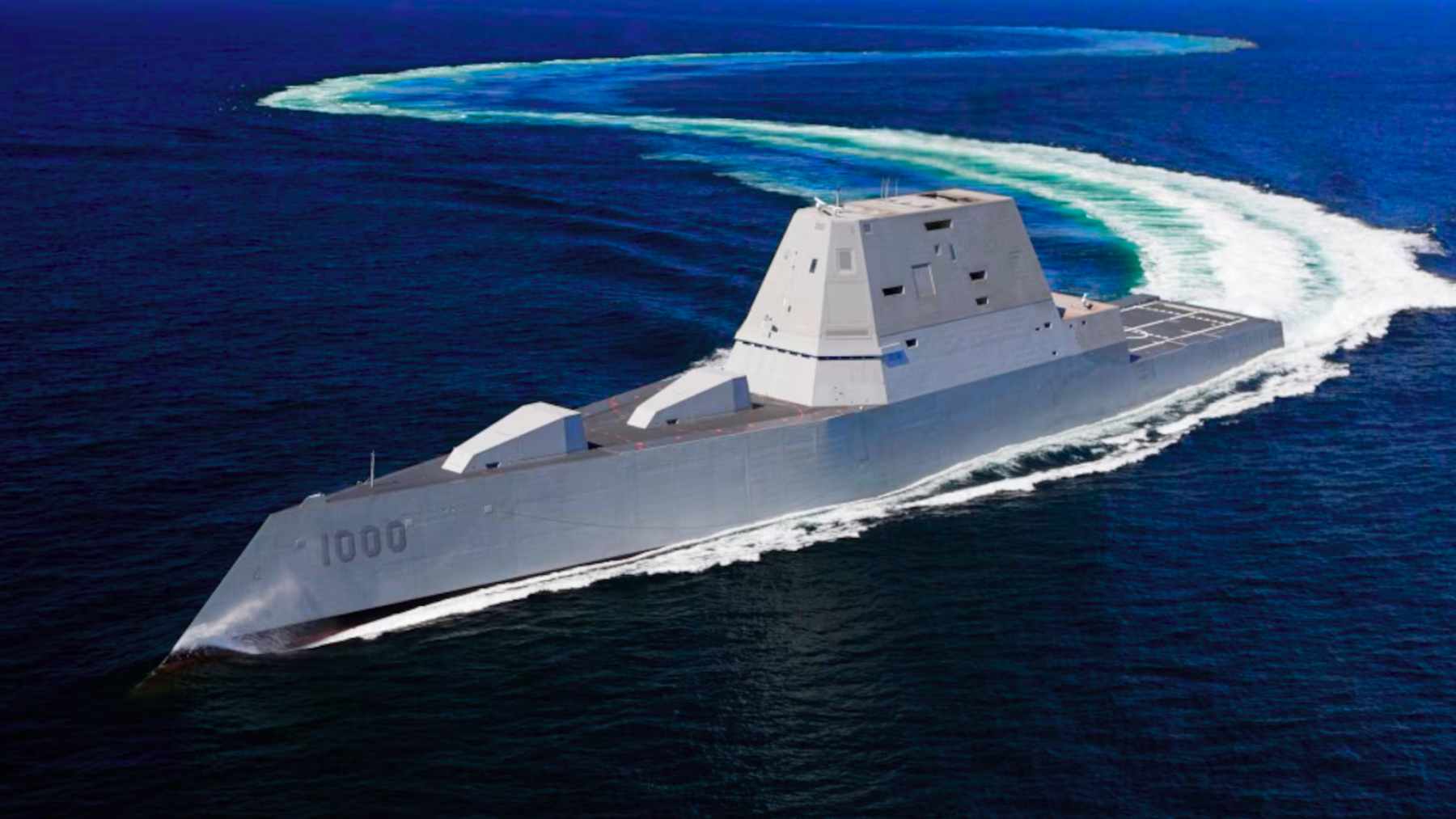 USS Zumwalt stealth destroyer making a sharp turn during sea trials