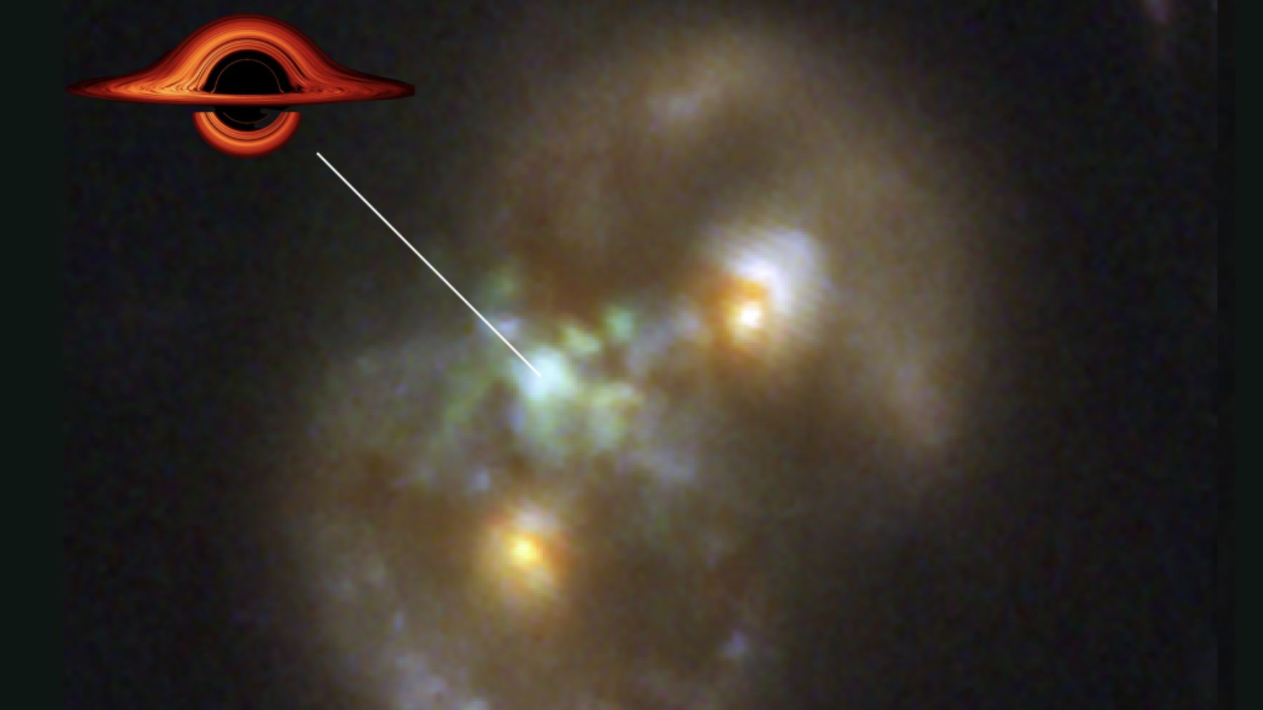 Infinity Galaxy seen by JWST, with a marker pointing to the central region where astronomers detect a powerful source that may be a newborn black hole