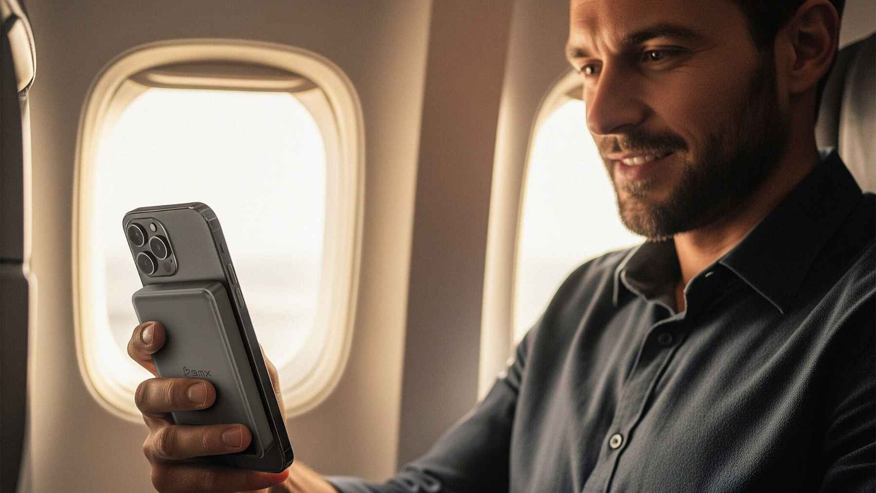 A traveler uses a magnetic wireless power bank on a smartphone inside an airplane cabin, highlighting safer solid-state battery charging.