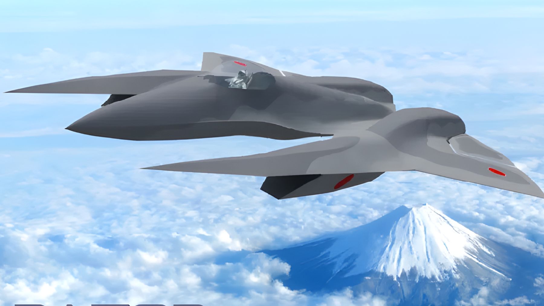 Concept rendering of a bat-shaped fighter jet flying above clouds, a proposed Mach 4 carrier aircraft designed to coordinate drones.