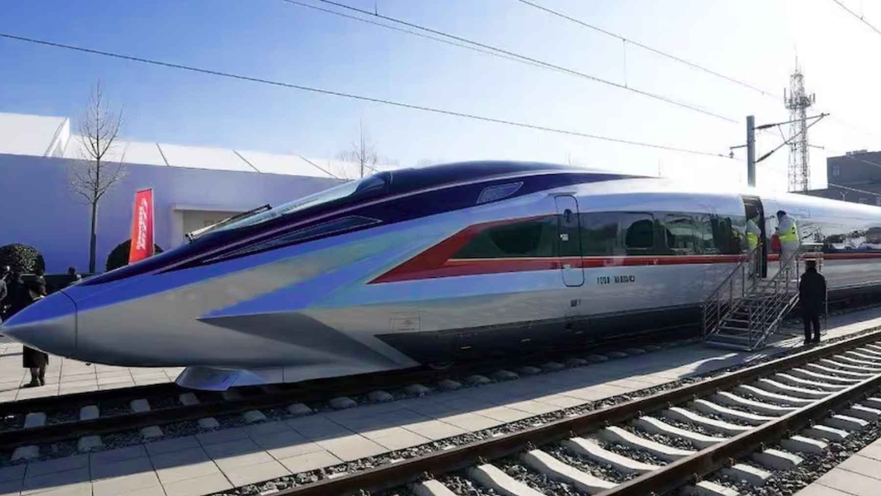 China’s CR450 prototype bullet train on a test track, built for 400 km/h service and 450 km/h trial runs